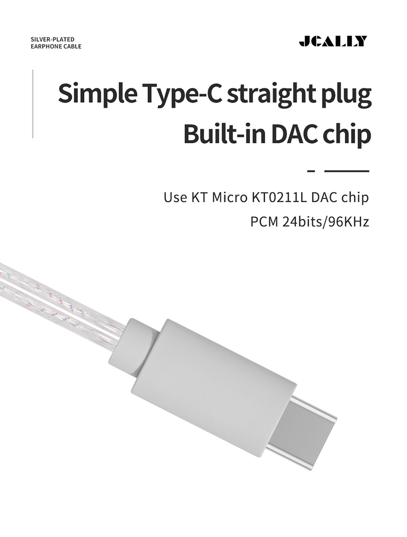 JCALLY PJ3 5N OFC Silver-plated Earphone Cable Built-in DAC Chip with Mic Type C Straight Plug Line