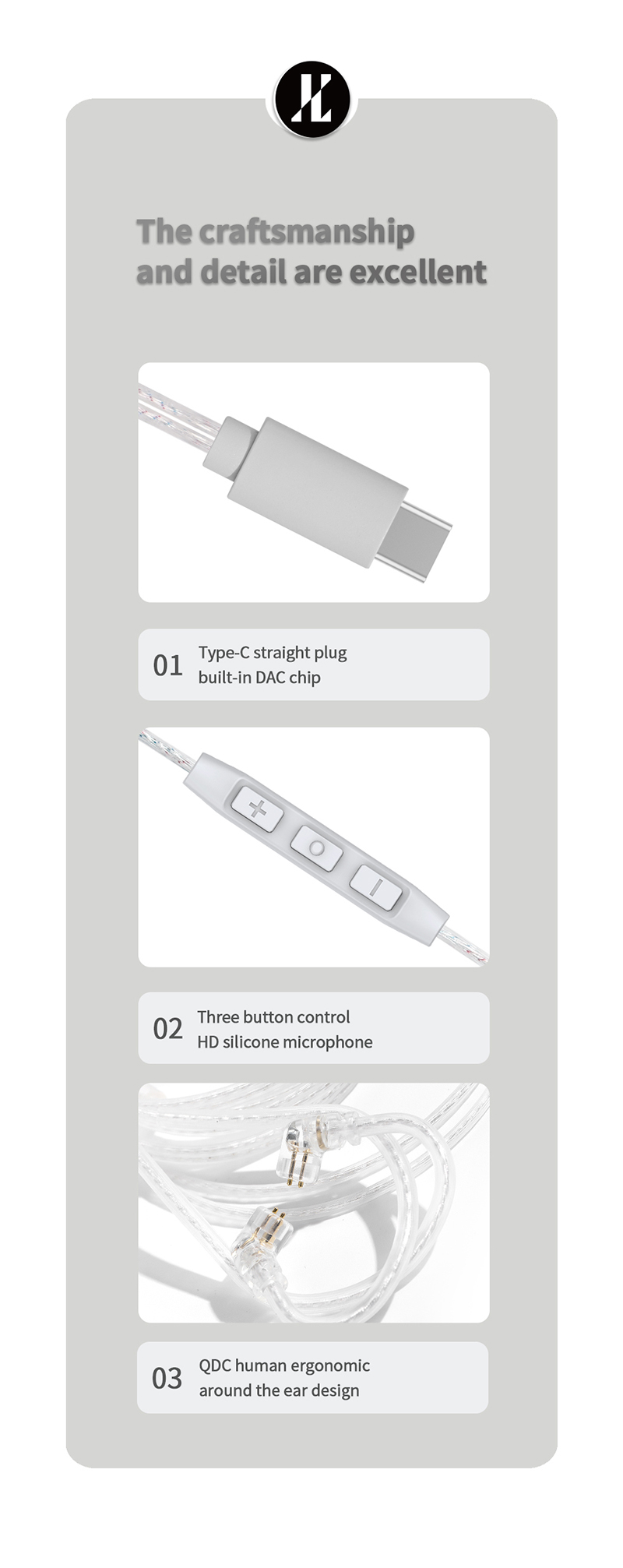 JCALLY PJ3 5N OFC Silver-plated Earphone Cable Built-in DAC Chip with Mic Type C Straight Plug Line