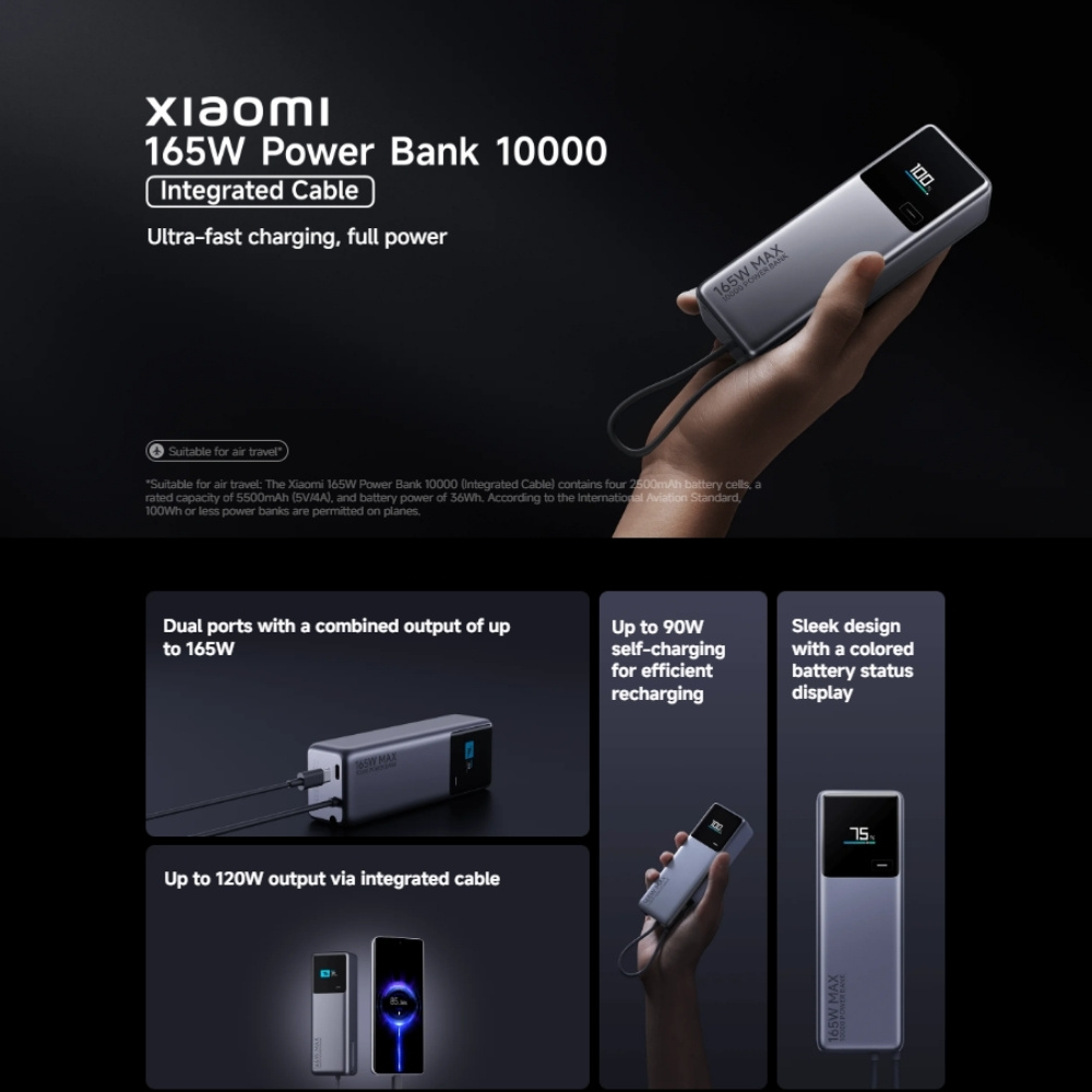 Xiaomi 10000mAh 165W Power Bank with Built-in USB Cable