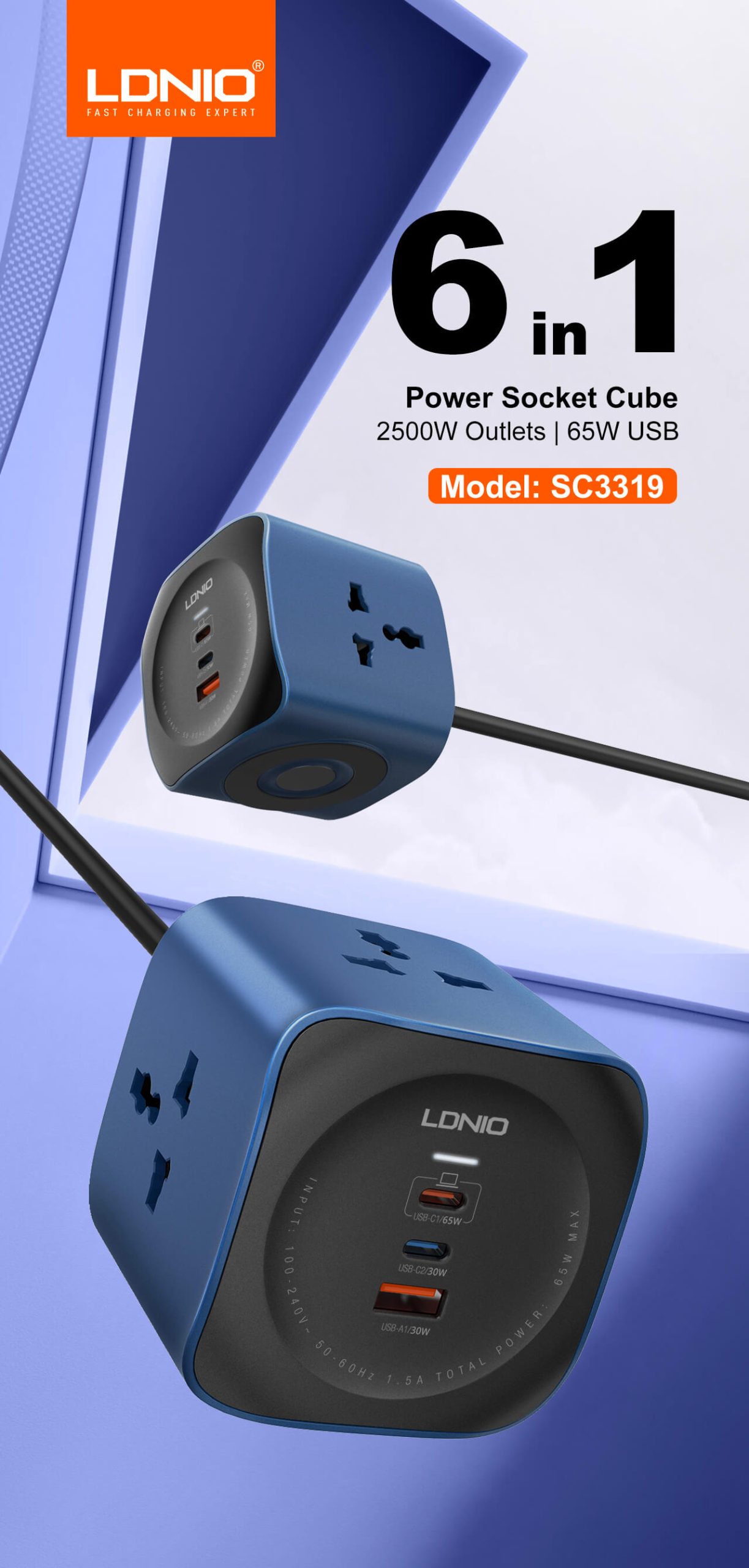LDNIO SC3319 6in1 65W Power Socket Cube 2500W Universal Outlet 2