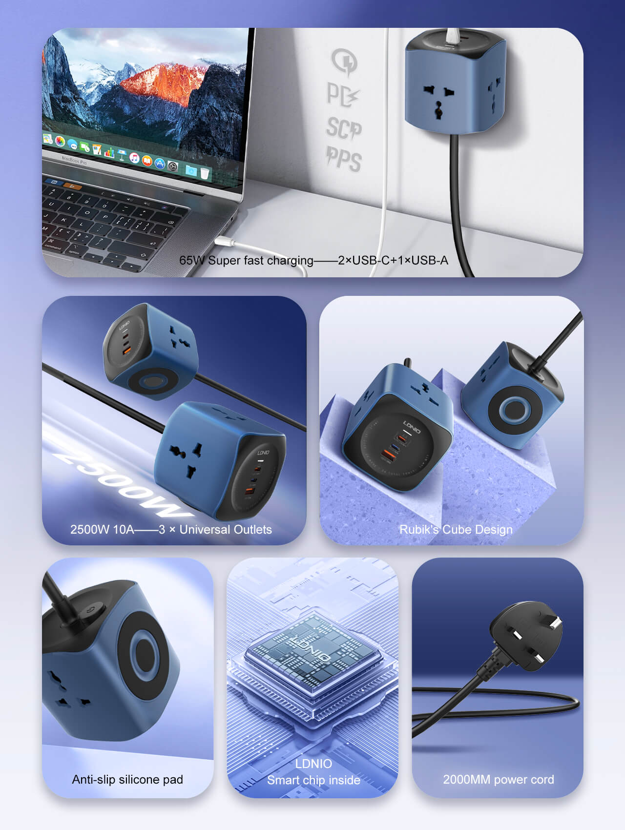 LDNIO SC3319 6in1 65W Power Socket Cube 2500W Universal Outlet 3