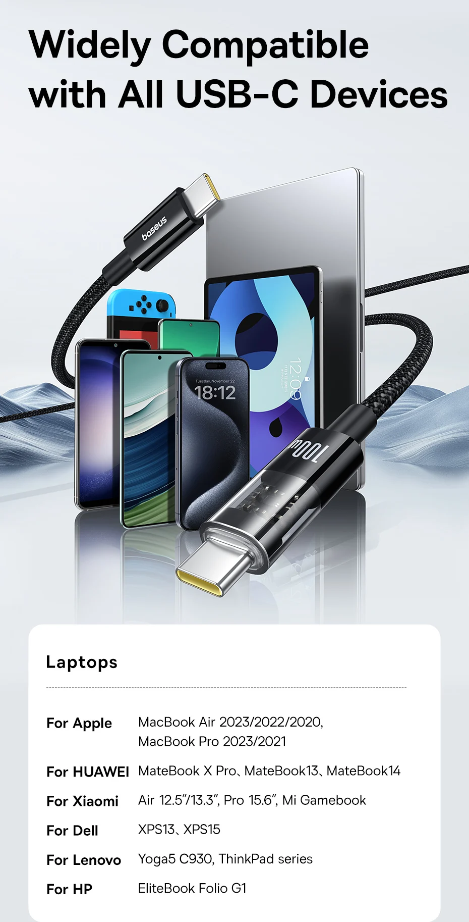 Baseus Gem Series Type-C to Type-C 100W Cable For Macbook Mobile Iphone 15 Series Samsung Pixel