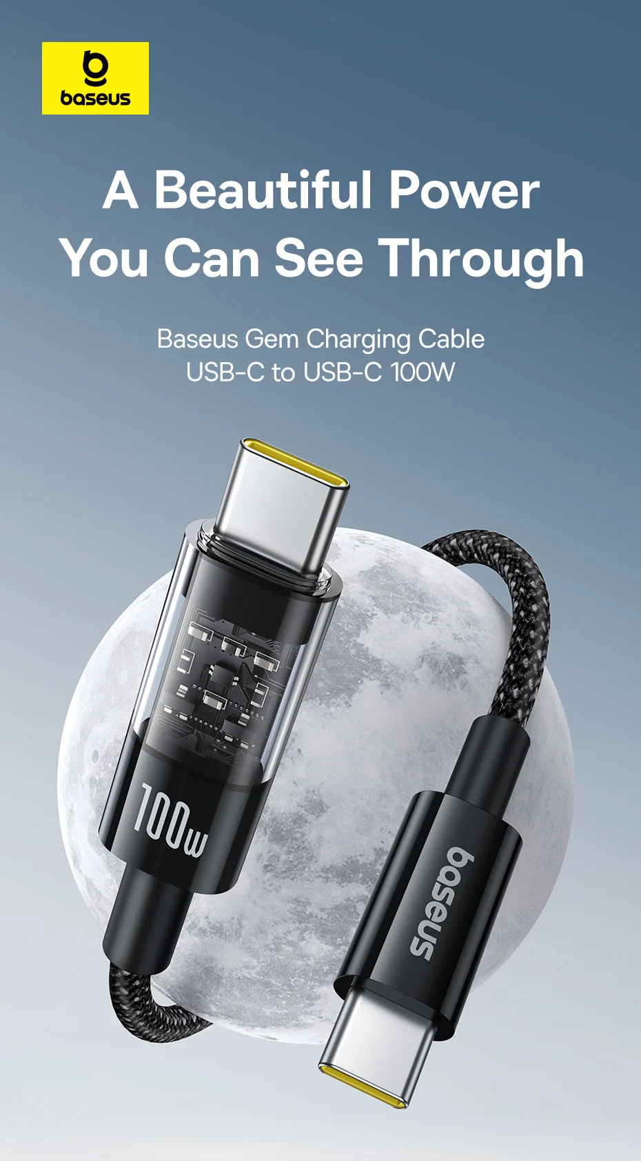 Baseus Gem Series Type C to Type C 100W Cable For Macbook Mobile Iphone 15 Series Samsung Pixel 2