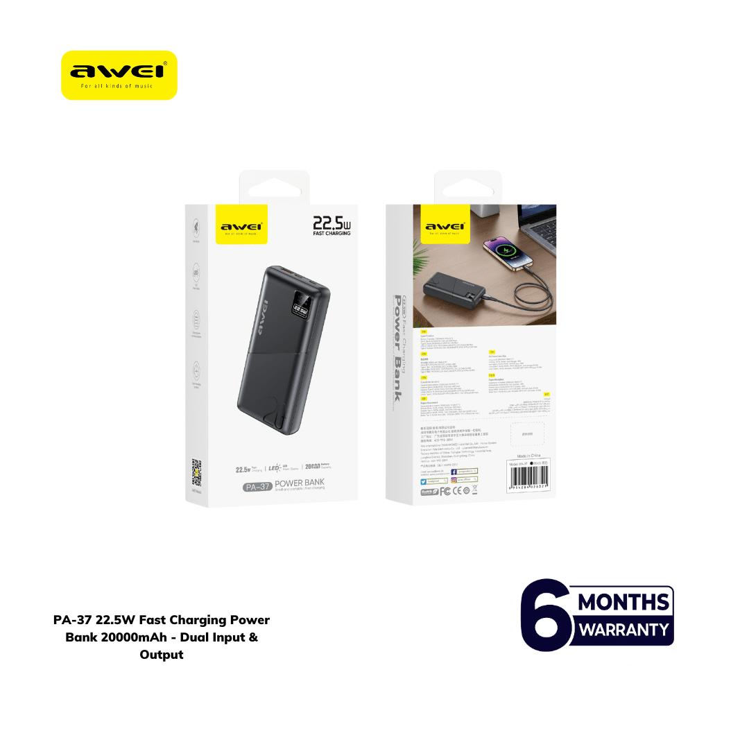 Awei PA-37 PD Fast Charging Digital Power Bank 20000mAh
