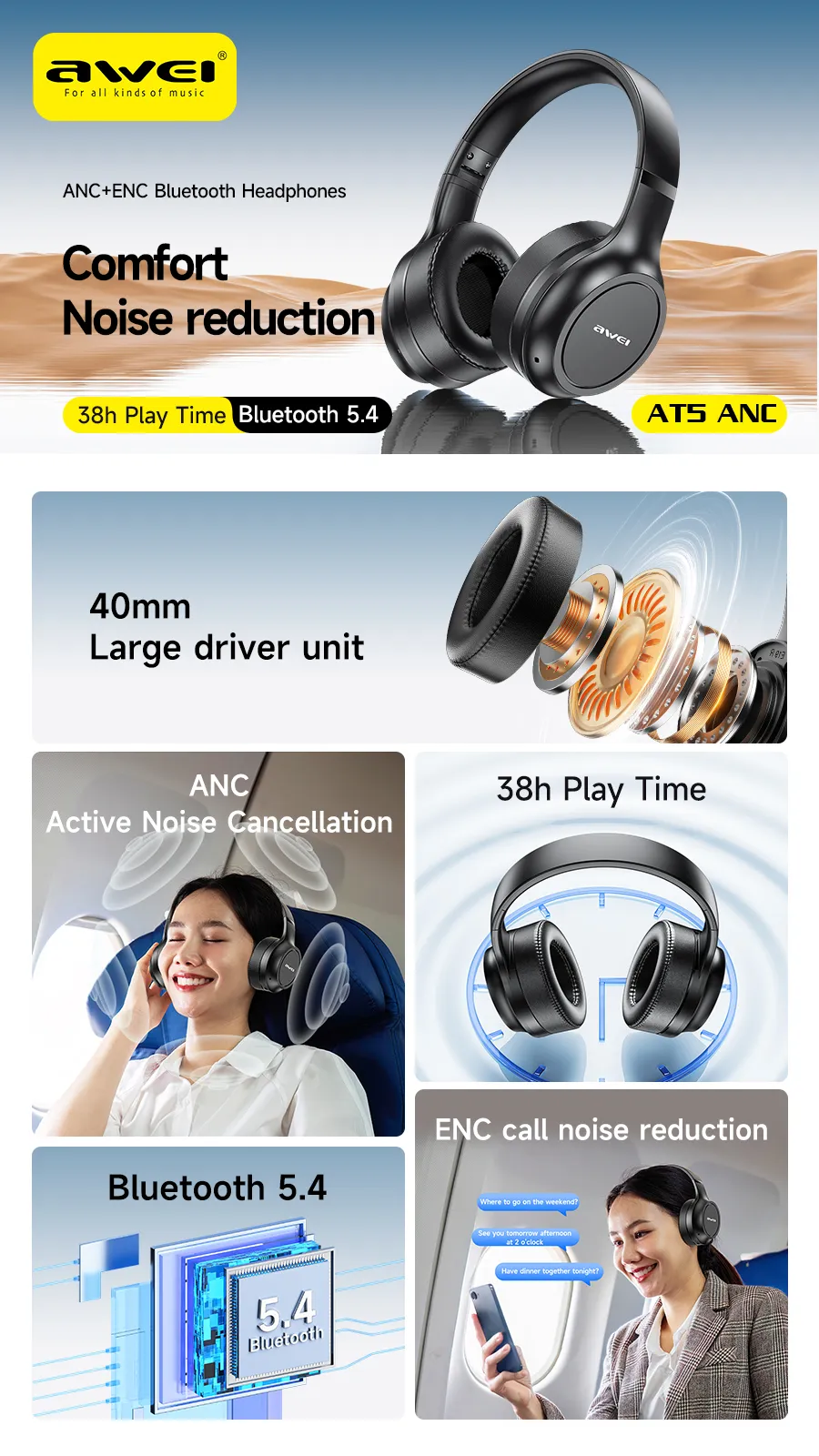 Awei AT5 ANC ENC Wireless Headset