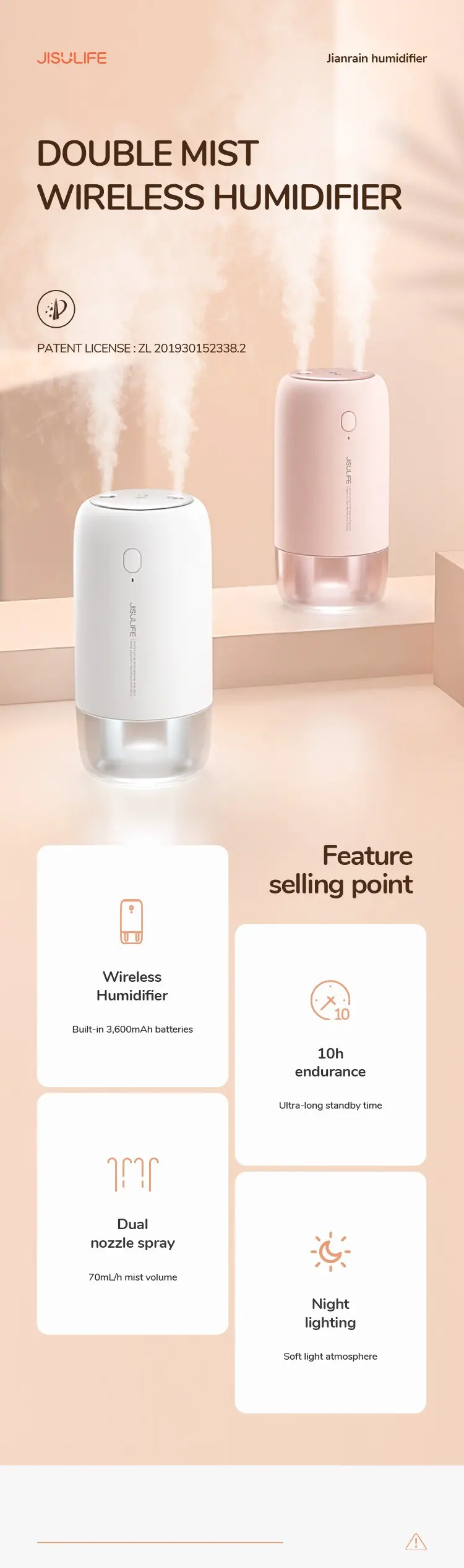 JISULIFE JB08 Dual Nozzle Dual Spray USB Humidifier Portable 500ml