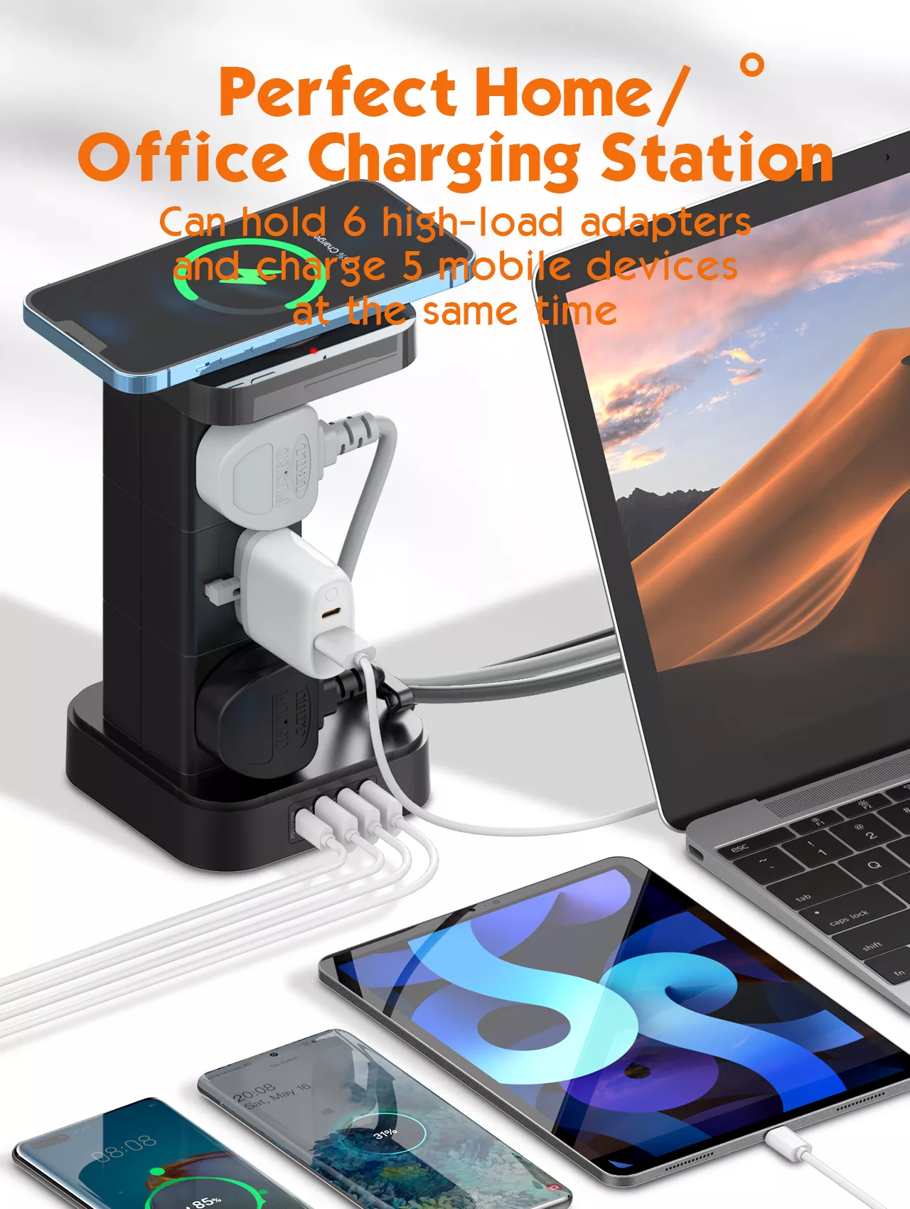 LDNIO SKW6457 6 Outlet USB Tower Extension Power Socket with 15W Wireless Charger