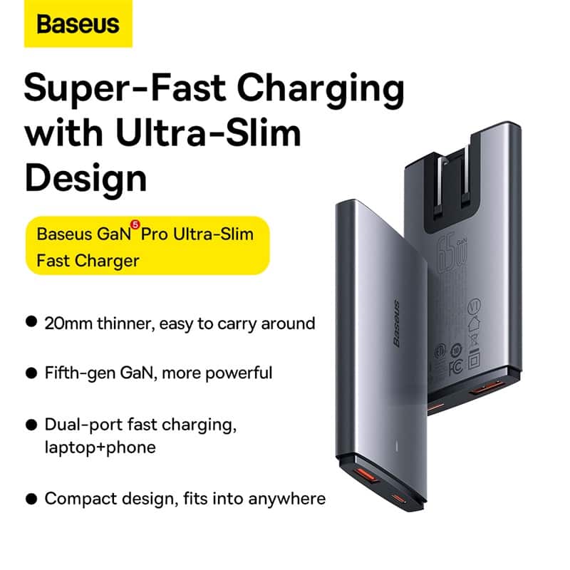 Baseus GaN5 Pro Ultra-Slim Fast Charger C+U 65W CN Type-C to Type-C 100W 1m Gray -CCGP150013 (7)