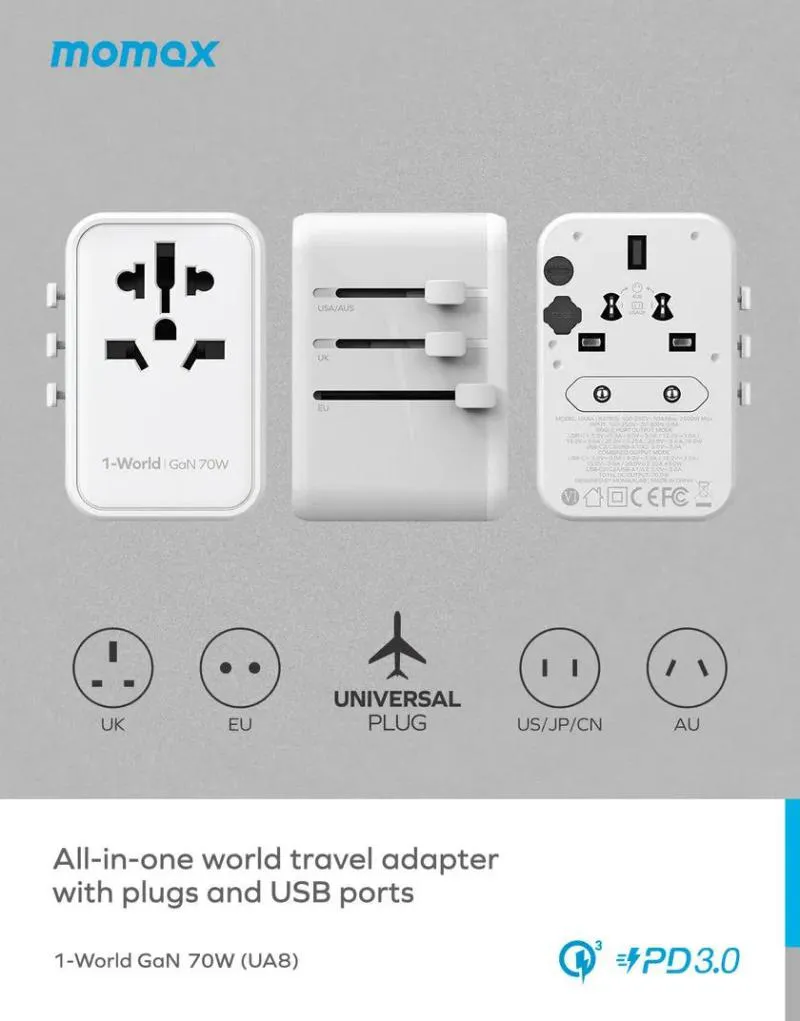 Momax 1-World 70W GaN 5 Ports Universal Travel Charger (UA8A) (1)