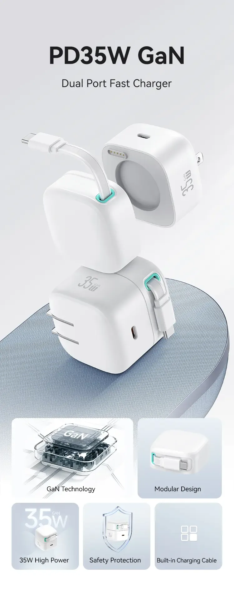 USAMS US-CC203 XMF Series PD 35W Dual Output GaN Fast Charger with Type-C Magnetic Retractable Cable Module US Plug (1)