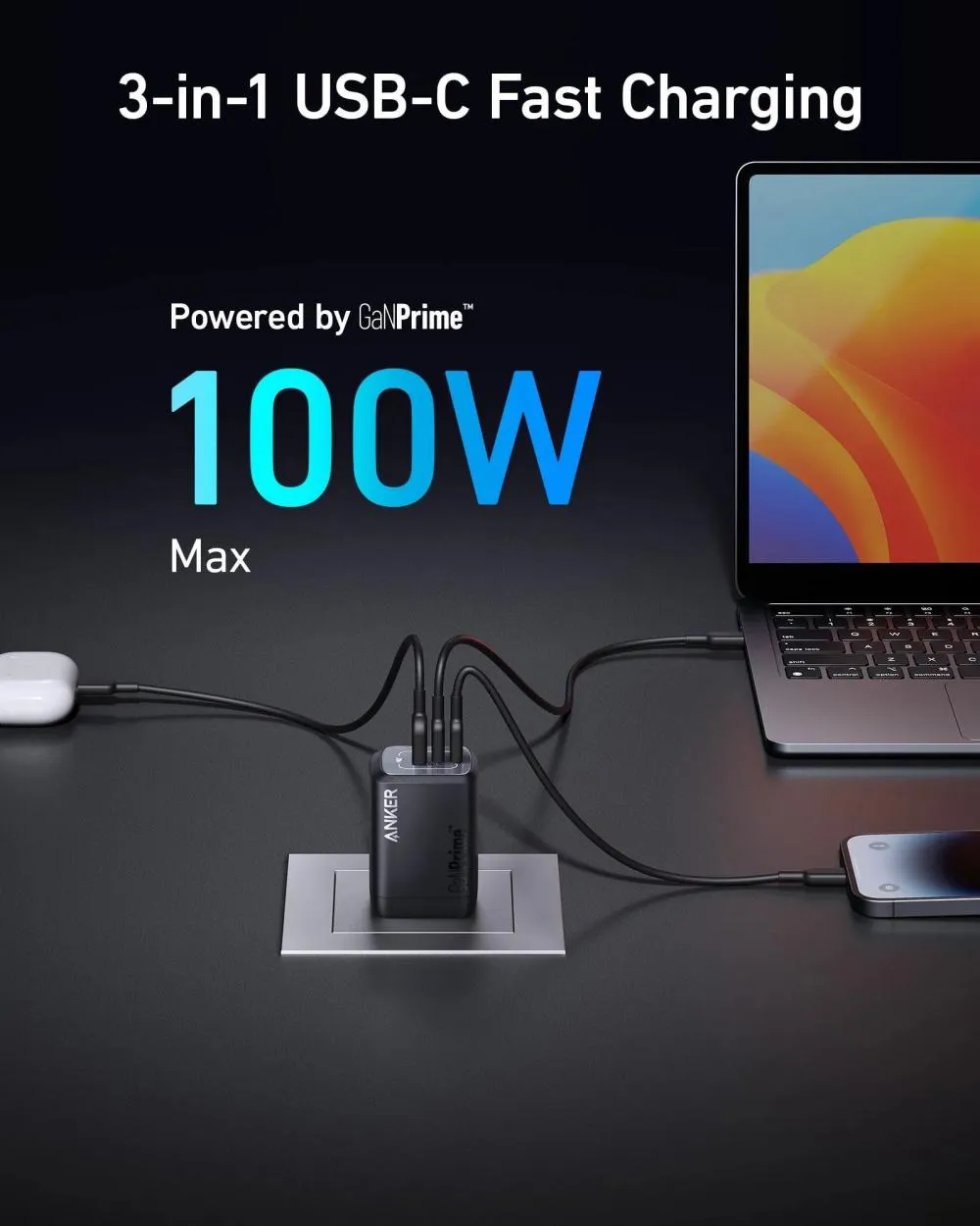 Anker Prime 100W GaN Wall Charger 3 Ports with 1.5M USB-C Cable (1)