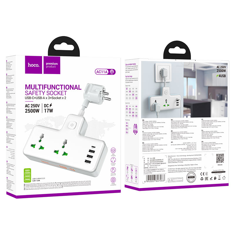 Hoco AC11A 2500W Power Strip Sockets EU