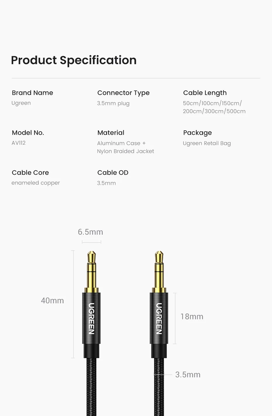 UGREEN AV112 (10697) 3.5mm Male To Male Round Cable - 3M