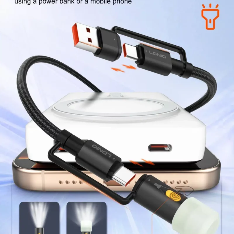 LDNIO LC17 65W 4-in-1 Fast Charging Cable (USB-A+USB-C to USB-C+Portable LED Lightning)