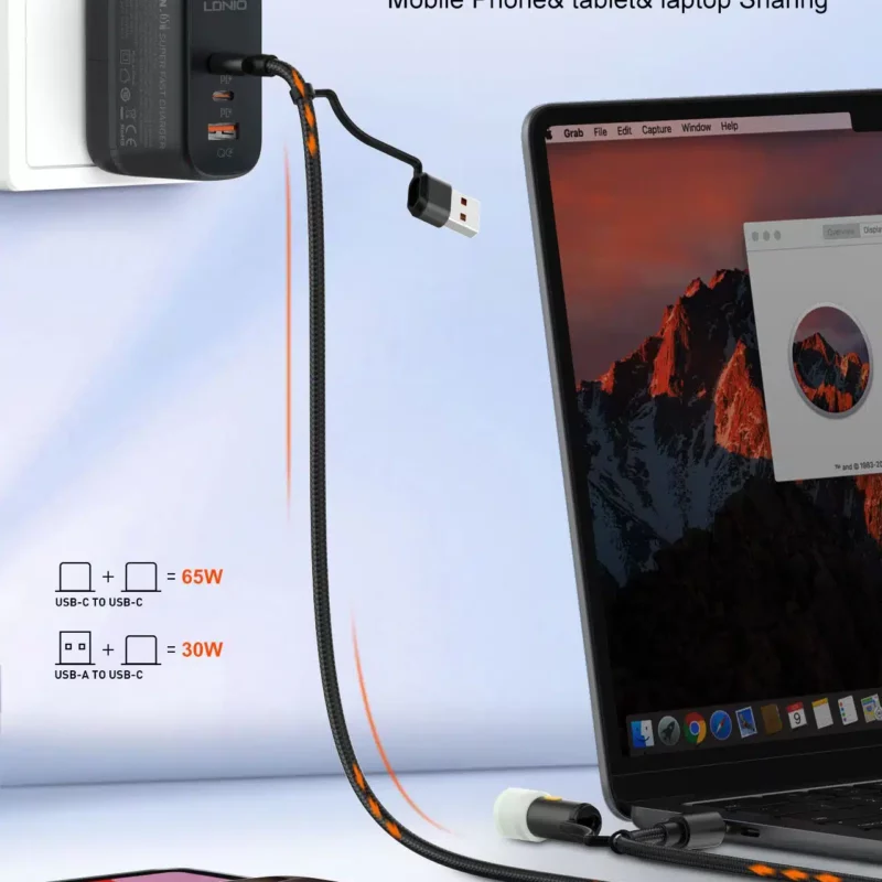 LDNIO LC17 65W 4-in-1 Fast Charging Cable (USB-A+USB-C to USB-C+Portable LED Lightning)